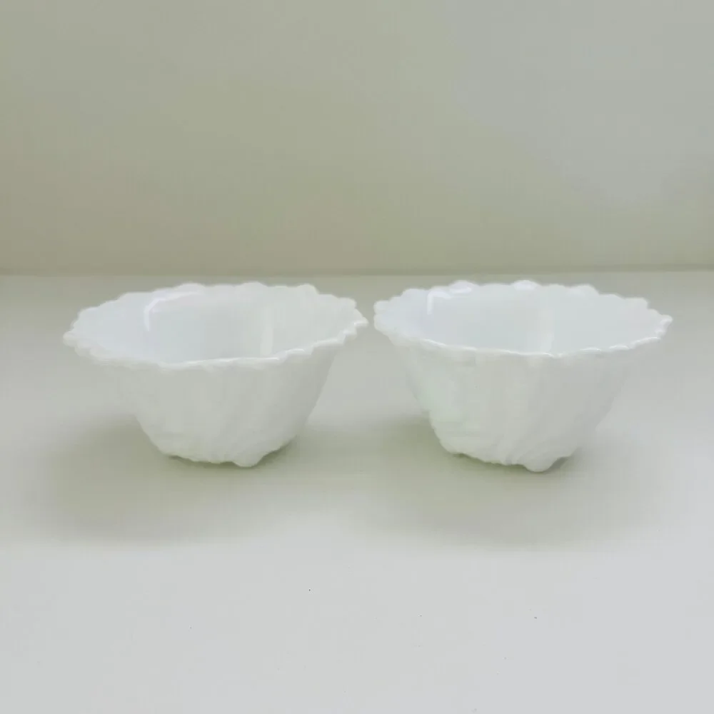 INDIANA GLASS CO. Milk Glass Wild Rose Footed Dessert Custard Bowls, Set of 2